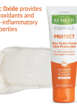 Medline Remedy Essentials Zinc Oxide Skin Protectant Paste (4 oz Tube), Unscented, Barrier, Incontinence Cream, Diaper Rash, Adults, Elderly, Hypoallergenic, Paraben Free
