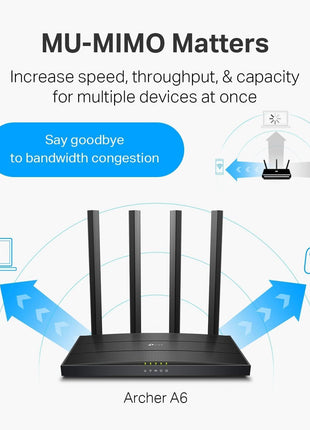 TP-Link AC1200 Gigabit WiFi Router (Archer A6) - Dual Band MU-MIMO Wireless Internet Router, 4 x Antennas, OneMesh and AP Mode, Long Range Coverage