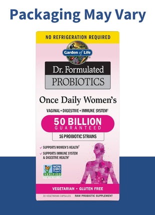 Garden of Life Once Daily Dr.Formulated Probiotics for Women 50 Billion CFU 16 Probiotic Strains with Organic for Digestive,Vaginal & Immune Health,Dairy Free,Shelf Stable 30 Capsules (Pack of 6)