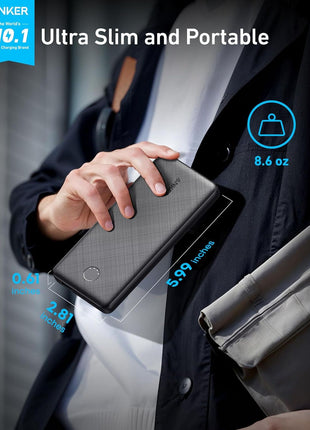 Anker Power Bank, 10,000mAh Portable Charger, PowerIQ USB-C Battery Pack | 5V / 3A High-Speed Charging, for iPhone, iPad, and More, Ultra-Compact Travel-Ready Design (Black)