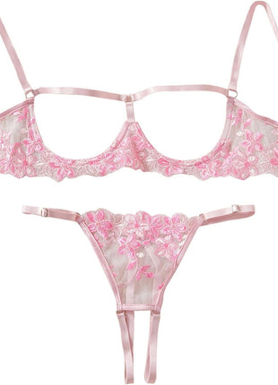 Lilosy Women's Sexy Underwire Floral Lace Sheer Bachelorette Lingerie Set See Through Bra and Panty 2 Piece Red Medium