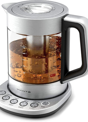 Viante Alba Electric Tea Kettle With Infuser, No Plastic, 1.5L | Borosilicate glass & 304 stainless steel construction. 4 temp presets, keep-warm, cordless, auto shut-off