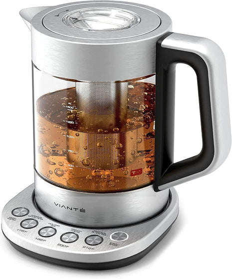 Viante Alba Electric Tea Kettle With Infuser, No Plastic, 1.5L | Borosilicate glass & 304 stainless steel construction. 4 temp presets, keep-warm, cordless, auto shut-off