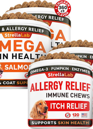 Omega 3 + Allergy Relief Dogs Bundle - Allergy & Itch Relief Skin&Coat Supplement + Itchy Skin Treatment - Omega 3 & Pumpkin - Hot Spots Treatment + Itching & Licking Treats - 600 Chews - Made in USA