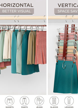 MORALVE Skirt Hangers Space Saving with Clips - 2 Pack - European Beechwood 5-Tier Hanger for Shorts, Skirts, and Pants - Closet Organizer and Storage Solution for Women with 360° Swivel Hook
