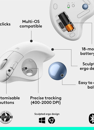 Logitech Ergo M575S Wireless Trackball Mouse, Wireless Ergonomic Mouse with Bluetooth and Encrypted Dongle, Comfortable Thumb Control, Precise and Smooth Tracking, for PC/Mac - Off-White Blue Ball