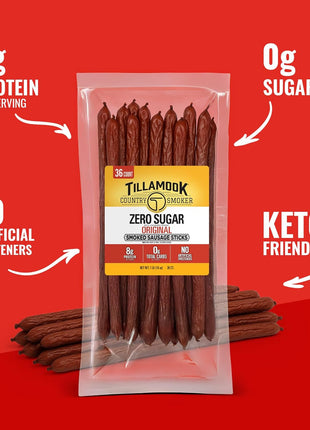 Tillamook Country Smoker Smoked Sausage, Zero Sugar, Original, 16 Ounce (36 Count Meat Sticks Bulk Pack) Real Hardwood Smoked Sausages, Low Carb, High Protein Ready to Eat Keto Snack