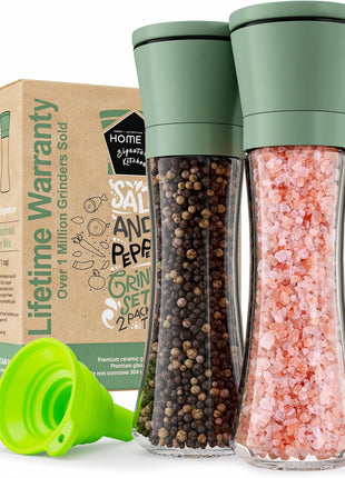Home EC Premium Stainless Steel Sea Salt and Pepper Grinder Set of 2 - Adjustable Ceramic - Tall Glass Salt and Pepper Shakers - Kitchen Spice Mill W/Funnel & EBook