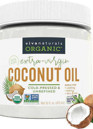 Viva Naturals Organic Coconut Oil, 16 fl oz – Unrefined, Cold-Pressed Extra Virgin Coconut Oil, USDA Organic & Non-GMO, Natural Cooking Oil, Hair Oil & Skin Oil