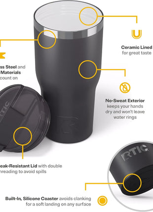 RTIC 30oz Essential Tumbler with Lid, Ceramic Lined, Graphite | Insulated, Stainless Steel Metal, Portable Travel Cup for Hot and Cold Drinks, Coffee, Car, Camping and Travel
