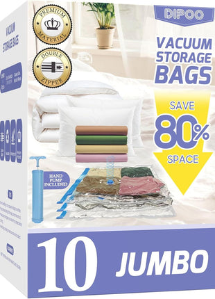 10 Pack Jumbo Vacuum Storage Bags with Hand Pump, 80% Storage Space Saving, Sturdy Leak-Free Space Saver Vacuum Seal Bags for Clothing, Vacuum Compression Bags for Travel Lugggage Blankets Comforters