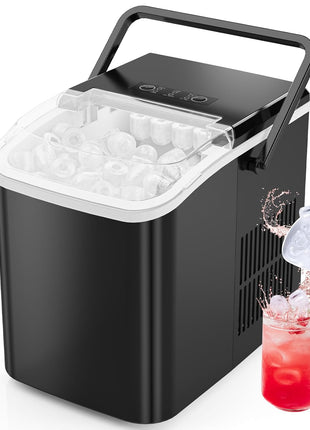 Sweetcrispy Countertop Ice Maker with Scoop, Basket and Handle, Portable Ice Machine 9 Cubes Ready in 6 Mins, 26.5lbs in 24Hrs, 2 Sizes for Home Kitchen Office Bar Party, Coal Black