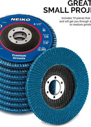 Neiko 11142A Premium Zirconia Flap Disc | 4.5" x 7/8-Inch, 40 Grit, Bevel Type #29 - 10 Pack