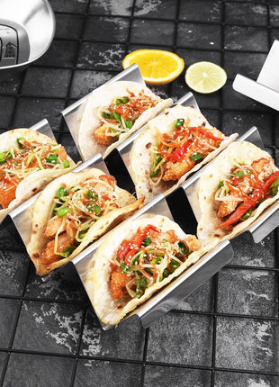 Taco Holders 4 Packs - Stainless Steel Taco Stand Rack Tray Style, Oven Safe for Baking, Dishwasher and Grill Safe