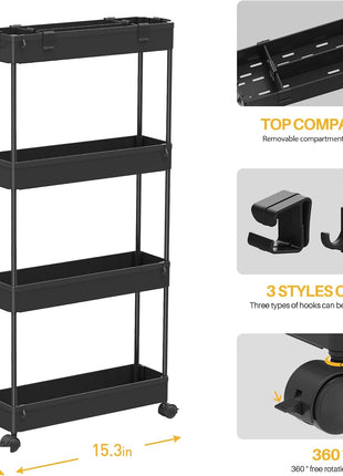 SPACELEAD Slim Storage Cart 4 Tier,Bathroom Organizer Rolling Utility,Mobile Shelving Unit Slide Out for Office, Kitchen, Laundry Room & Narrow Places,Black