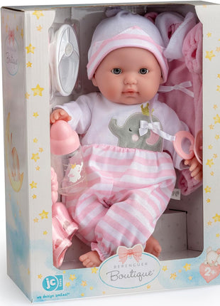 15" Realistic Soft Body Baby Doll with Open/Close Eyes | JC Toys - Berenguer Boutique | 10 Piece Gift Set with Bottle, Rattle, Pacifier & Accessories | Pink | Ages 2+