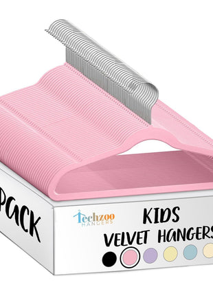 TechZoo 50 Premium Kids Velvet Hangers - 14" Non-Slip Clothes Hangers for Kids & Preteens - Ultra Slim, Space-Saving, Strong & Durable Hangers with 360° Swivel Hook - Pink