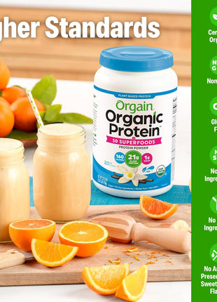 Orgain Organic Vegan 21g Protein + Superfoods Powder, Vanilla Bean, 2.02lb | Plant based protein, 50 superfoods, 8g prebiotic fiber, gluten free, no added sugar, non-GMO, no lactose ingredients