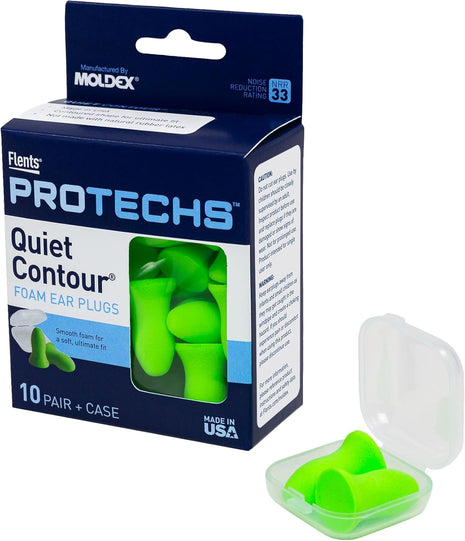Flents Protechs Quiet Contour Foam Ear Plugs, NRR 33, 10 Pair, Green | Reusable Foam Ear Plugs for Sleeping, Snoring, Loud Noise, Traveling, Concerts, Construction, Studying, Work & Shooting