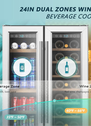 EUHOMY Wine and Beverage Refrigerator, 24 Inch Dual Zone Wine Cooler with Glass Door Hold 21 Bottles and 88 Cans, Built in or Under Counter Wine Fridge with Blue LED Light