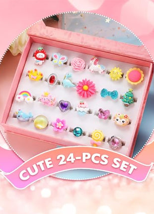 PinkSheep Little Girl Jewel Rings in Box | Adjustable,No Duplication, Girl Pretend Play and Dress Up Rings,Birthday Christmas Gift