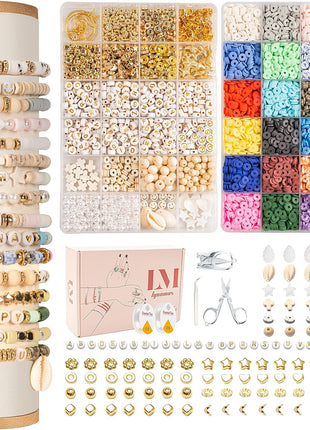 Lynnmos Clay Beads 8000 Pcs 2 Boxes Bracelet Making Kit - 24 Colors Polymer Clay Beads for Bracelet Making Set - Heishi Disc Beads for Jewelry Making kit with Charms and Gift Pack for Girls