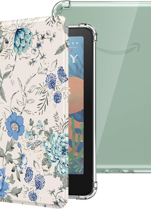 MoKo Case for All-new 7 inch Kindle Paperwhite 12th Gen 2024&Kindle Colorsoft Signature Edition 2024,Ultra Clear Soft Flexible Transparent TPU Back Cover Light Shell with Auto Wake/Sleep,White Blue Floral