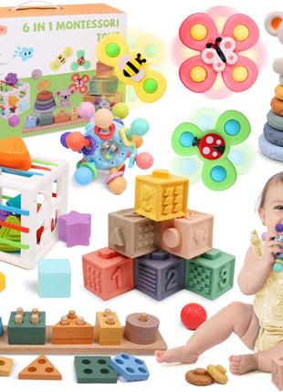 YHHYTOY 6-in-1 Montessori Baby Toys 0-6 6-12 Months, Infant Toys Baby Gifts | 4 5 6 Month Old Baby Toys, Soft Stacking Blocks Rings Shape Sorter Sensory Baby Suction Spinners, Baby Gifts for Girls Boys