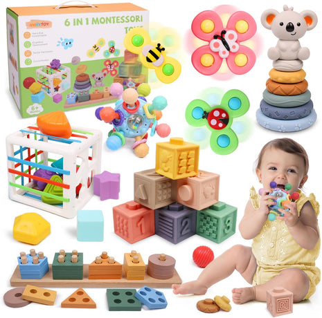YHHYTOY 6-in-1 Montessori Baby Toys 0-6 6-12 Months, Infant Toys Baby Gifts | 4 5 6 Month Old Baby Toys, Soft Stacking Blocks Rings Shape Sorter Sensory Baby Suction Spinners, Baby Gifts for Girls Boys