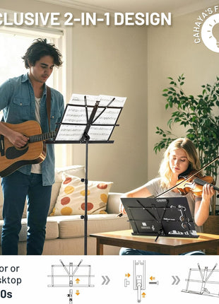 CAHAYA Portable Sheet Music Stand: Dual Use Desktop Book Holder Folding Lightweight Extra Stable Reinforced with Carrying Bag and Clip for Students Musicians Height Adjustable up to 54.3 inch CMS0204