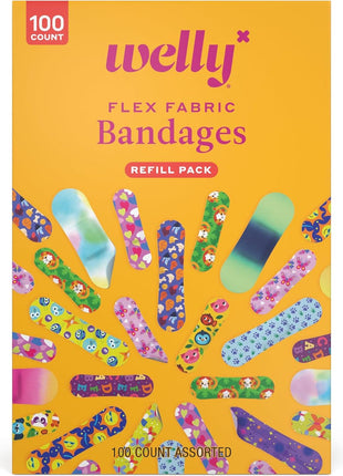 Welly Bravery Badge Value Pack | Adhesive Flexible Fabric Bandages | Assorted Shapes and Patterns for Minor Cuts, Scrapes, and Wounds - 100 Count