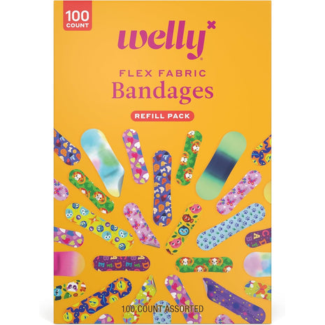 Welly Bravery Badge Value Pack | Adhesive Flexible Fabric Bandages | Assorted Shapes and Patterns for Minor Cuts, Scrapes, and Wounds - 100 Count