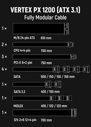 Seasonic Vertex PX-1200-1200W - 80+ Platinum - ATX 3.0 & PCIe 5.0 Ready - Fully Modular - Premium Japanese Capacitors - 12 Year Warranty - Nvidia RTX 40/50 & AMD GPU Compatible