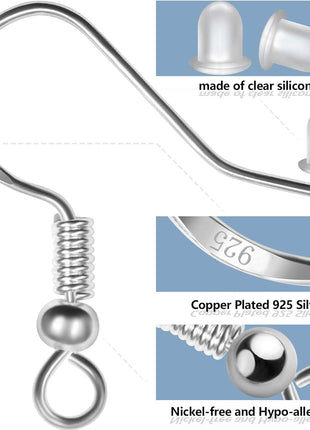 925 Sterling Silver Plated Earring Hooks 150 PCS/75 Pairs,Ear Wires Fish Hooks,500pcs Hypoallergenic Earring Making kit with Jump Rings and Clear Silicone Earring Backs Stoppers (Silver)