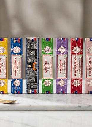 Satya Incense Gift Set Nag Champa, Super hit, Dragon's Blood, Sandalwood, Patchouli, Lavender, Positive Vibes, 15 g