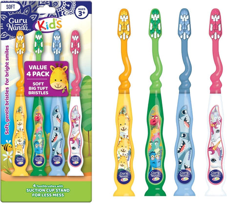 GuruNanda Kids Toothbrush with Suction Cup & Fun Animal Designs   Soft Bristles for Healthy Gums  Non Slippery & Mess Free Toothbrush, 3+ Age  4 Count