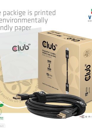Club3D CAC-1060 VESA Certified DisplayPort to DisplayPort 1.4/Hbr3 M/M Cable DP 1.4 8K 60Hz 3m- 9.84ft | 32.4 Gbps bandwidth, male-to-male connectors, 28 AWG, CE & RoHS compliant, 2-year warranty