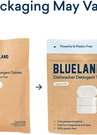 BLUELAND 100% Plastic-Free Dishwasher Detergent Tablets, 60ct, Free & Clear | Eco-Friendly Dishwashing Pods, Cuts Grease & Stuck on Food, Rinses Clean for Streak-Free Shine, Fully Dissolves, Septic Safe