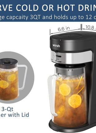 wirsh Iced Tea Maker with 3QT Pitcher, Iced Coffee Maker with Strength Control and Reusable Filter, Perfect For Iced Coffee, Latte, Tea, Lemonade, Flavored Water, Black