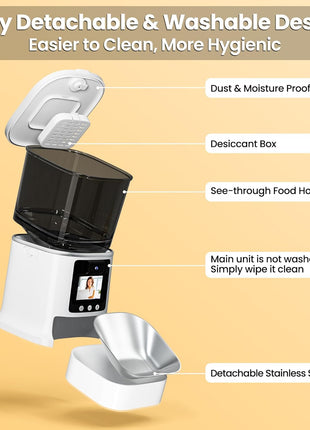 Automatic Cat Feeder with Camera, 2-Way Video& Audio, HD Video with Night Vision, 5G WiFi Pet Feeder, 5L Large Food Storage Container for Multiple Pet, Detachable for Easy Clean (White)