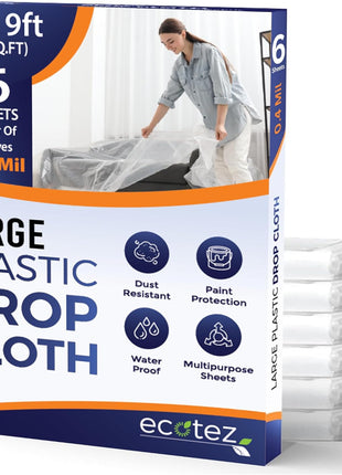 6 Pack 12 x 9 ft Extra Large Plastic Drop Cloth for Painting | Light & Durable Tarp Cover for Furniture Plastic Clear Tarp Waterproof - Paint Floor Covering - Painters Drop Cloth Sheeting