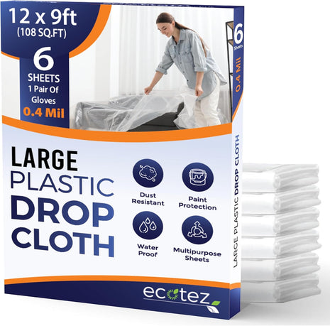 6 Pack 12 x 9 ft Extra Large Plastic Drop Cloth for Painting | Light & Durable Tarp Cover for Furniture Plastic Clear Tarp Waterproof - Paint Floor Covering - Painters Drop Cloth Sheeting