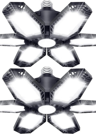 TANBABY 2 Pack LED Garage Lights, Deformable Ceiling Light, 30000LM 6500K | E26/E27 Screw-in Garage Light Bulb with 6+1 Adjustable Panels for Garages, Basements, Workshops, and Storage Areas