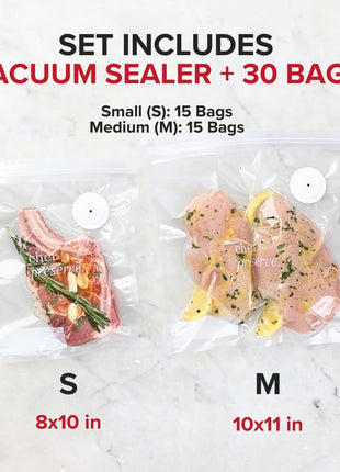 Chef Preserve Compact Vacuum Sealer for Food (Vacuum Sealer Machine + 30 Reusable Vacuum Bags) Powerful Handheld Vacuum Sealer Machine, Seal Meal Saver, Portable Food Sealer
