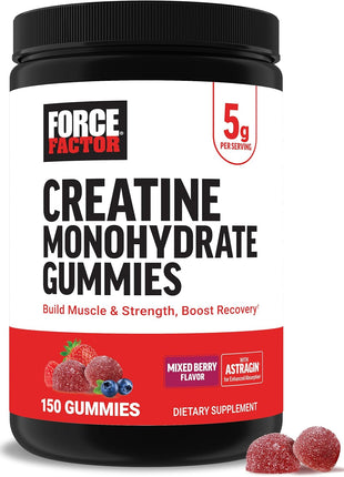 Force Factor Creatine Monohydrate Gummies, NSF Certified | 5g Dose for Men & Women to Support Muscle, Strength, Recovery, Cognitive Health & Memory, Mixed Berry, 150 Gummies