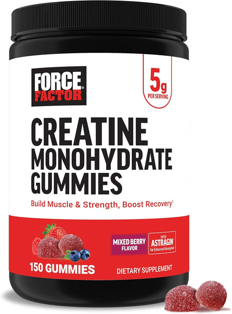 Force Factor Creatine Monohydrate Gummies, NSF Certified | 5g Dose for Men & Women to Support Muscle, Strength, Recovery, Cognitive Health & Memory, Mixed Berry, 150 Gummies