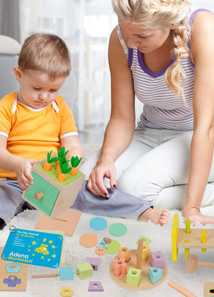 Adena Montessori 6 in 1 Sensory Play Kit 13-18 Months Baby | Made for newborns to build motor skills & hand-eye coordination, it brings diverse sensory play with smooth wooden toys.