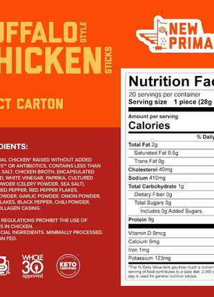 New Primal Buffalo Chicken Sticks, Keto, Gluten Free Healthy Snacks, Sugar Free Low Carb High Protein, Jerky Meat Stick, 9g Protein, 20 Ct