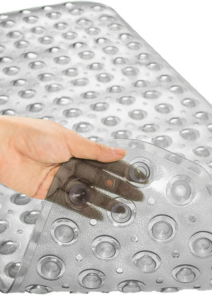 TEESHLY Bathtub Mats for Shower Tub, Extra Long Non Slip 39 x 16 Inch Bath Mat with Drain Holes and Suction Cups, BathMat for Bathroom with Machine Washable (Clear Grey)