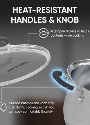 SUNHOUSE 3.1 QT Stainless Steel Steamer Pot for Cooking Vegetables | Steaming Pot with Glass Lid & Steamer Basket - 2 Tier Tri-ply Stovetop Steamer For Vegetable, Veggie - Induction Compatible